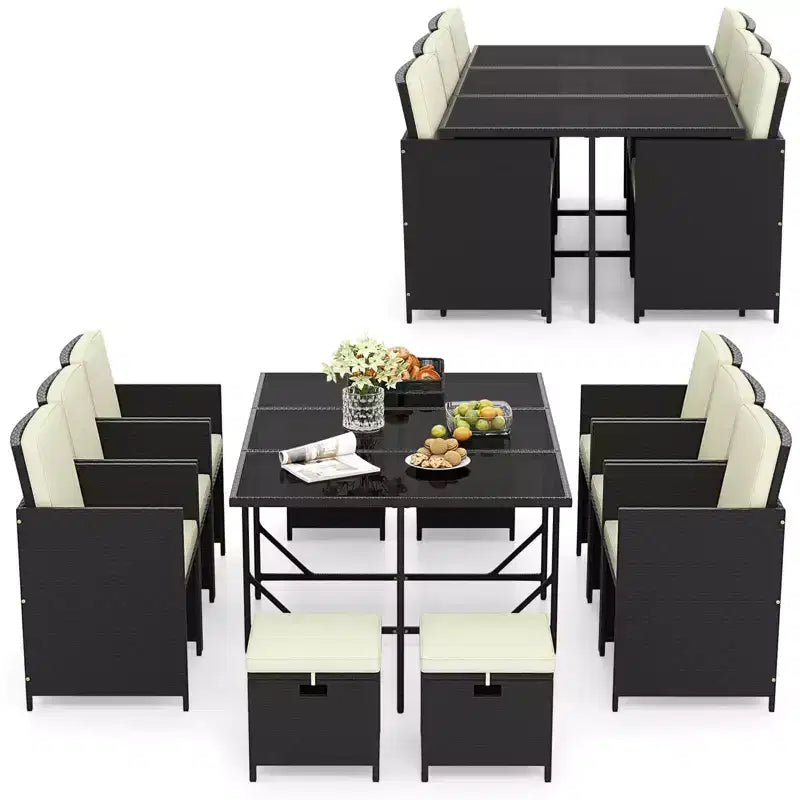 Costway Ensemble de salle à manger d'extérieur 11 pièces avec chaises en osier peu encombrantes et table en verre trempé