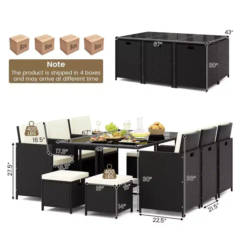 Costway Ensemble de salle à manger d'extérieur 11 pièces avec chaises en osier peu encombrantes et table en verre trempé