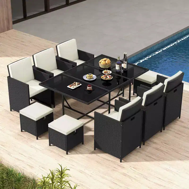 Costway Ensemble de salle à manger d'extérieur 11 pièces avec chaises en osier peu encombrantes et table en verre trempé