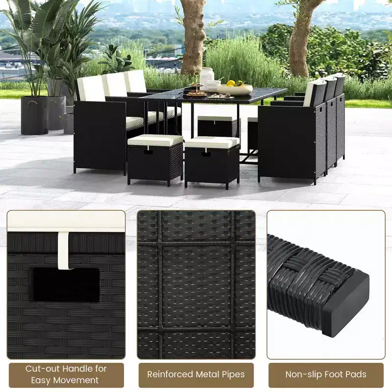 Costway Ensemble de salle à manger d'extérieur 11 pièces avec chaises en osier peu encombrantes et table en verre trempé