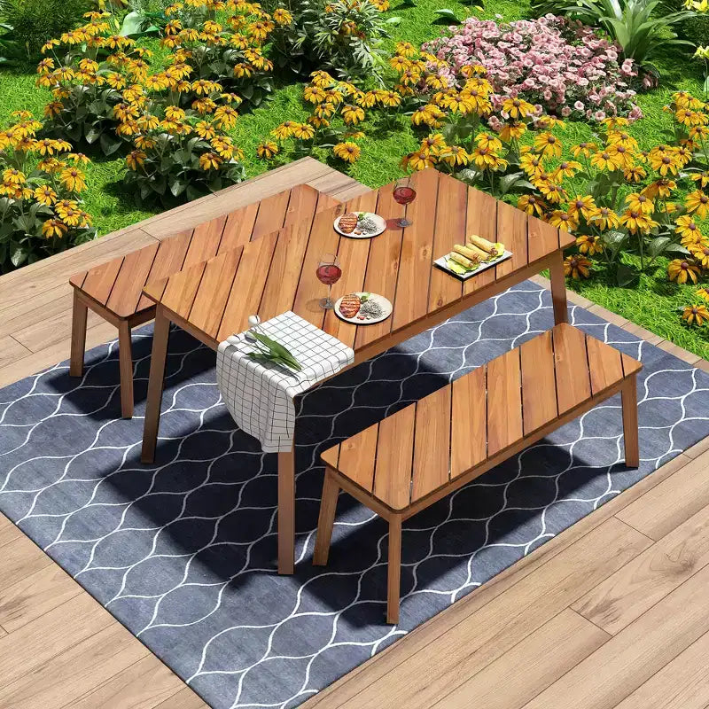 3pc Outdoor Patio Acacia Wood Table Bench Dining Set, Picnic Beer Table With 2 Benches 4A, Natural -ModernLuxe