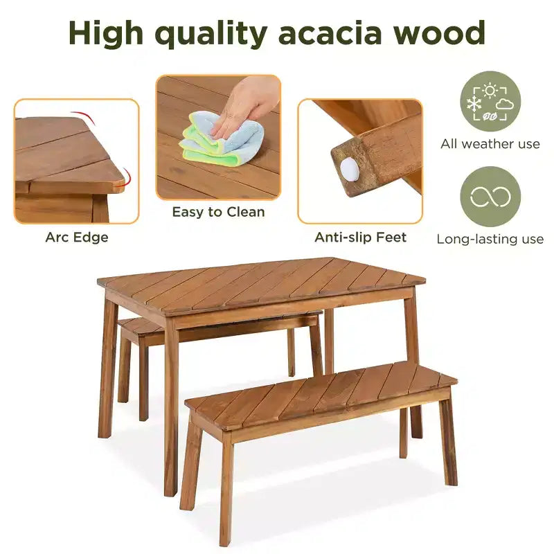 Ensemble de salle à manger d'extérieur 3 pièces en bois d'acacia avec table et bancs, table de pique-nique avec 2 bancs 4A, naturel - ModernLuxe