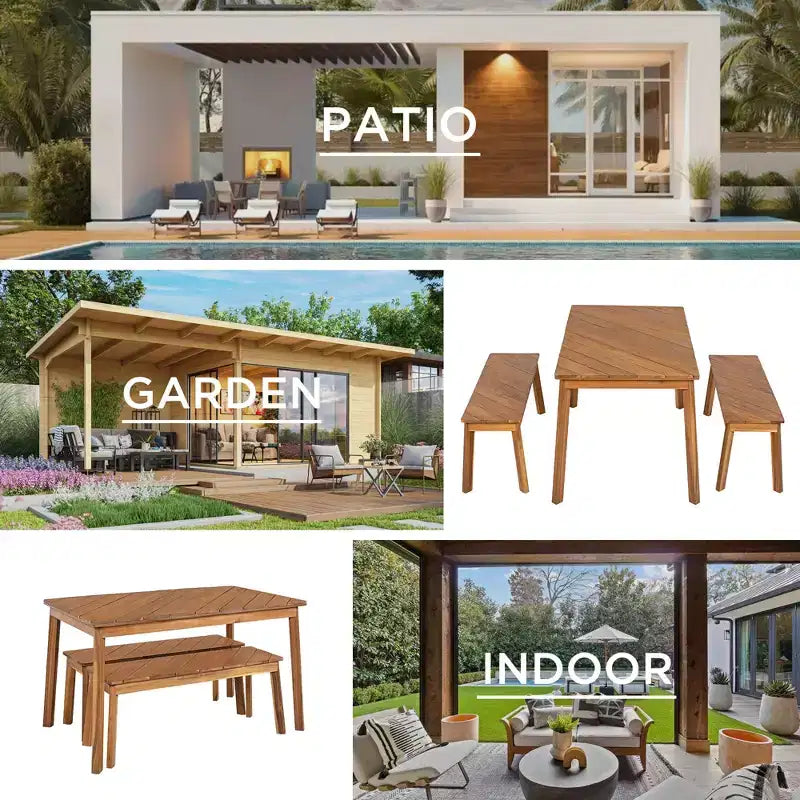 Ensemble de salle à manger d'extérieur 3 pièces en bois d'acacia avec table et bancs, table de pique-nique avec 2 bancs 4A, naturel - ModernLuxe