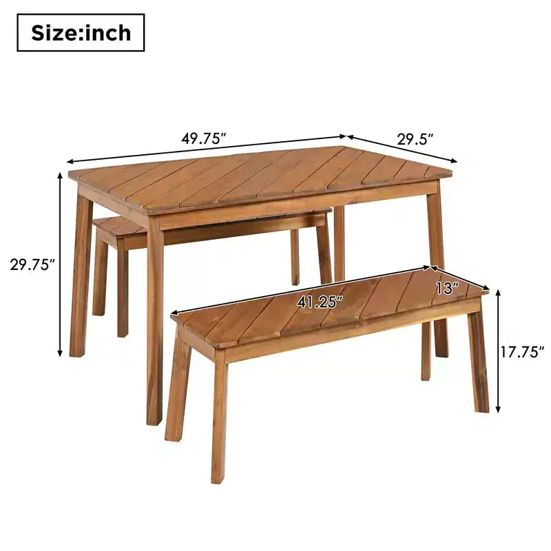 Ensemble de salle à manger d'extérieur 3 pièces en bois d'acacia avec table et bancs, table de pique-nique avec 2 bancs 4A, naturel - ModernLuxe