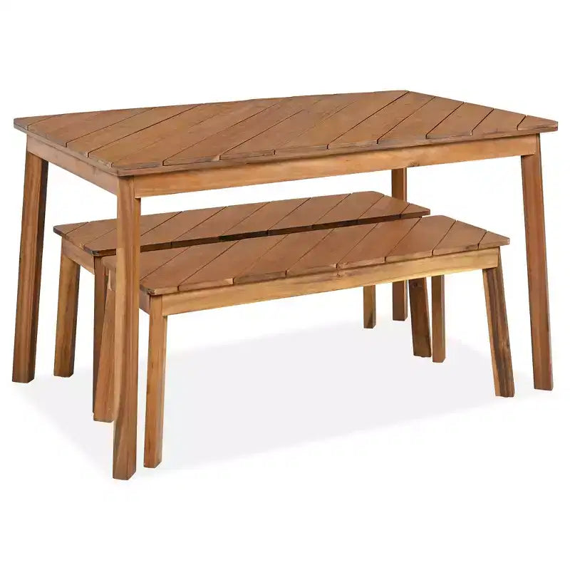 Ensemble de salle à manger d'extérieur 3 pièces en bois d'acacia avec table et bancs, table de pique-nique avec 2 bancs 4A, naturel - ModernLuxe
