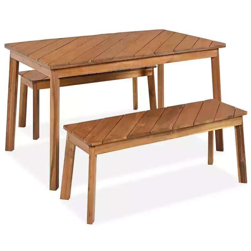 Ensemble de salle à manger d'extérieur 3 pièces en bois d'acacia avec table et bancs, table de pique-nique avec 2 bancs 4A, naturel - ModernLuxe