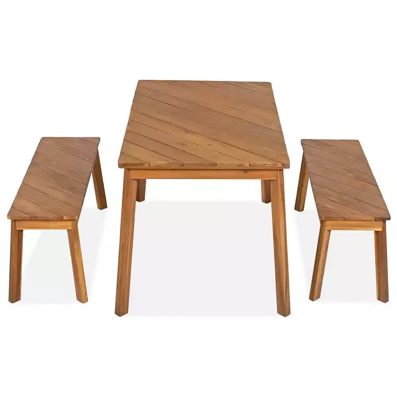 Ensemble de salle à manger d'extérieur 3 pièces en bois d'acacia avec table et bancs, table de pique-nique avec 2 bancs 4A, naturel - ModernLuxe