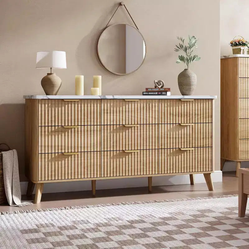 Commode cannelée à 9 tiroirs, commode moderne, meuble TV en bois, design à profil incurvé, pour salon, couloir
