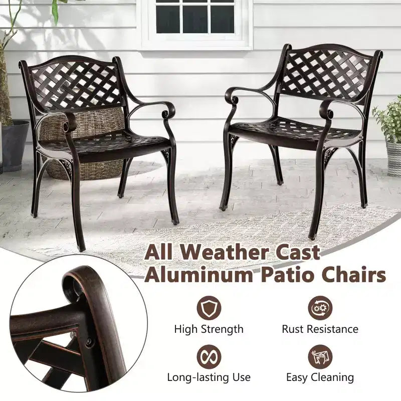 Costway Lot de 2/4 chaises de patio en aluminium moulé, résistantes aux intempéries, chaises de salle à manger d'extérieur avec accoudoirs, bronze