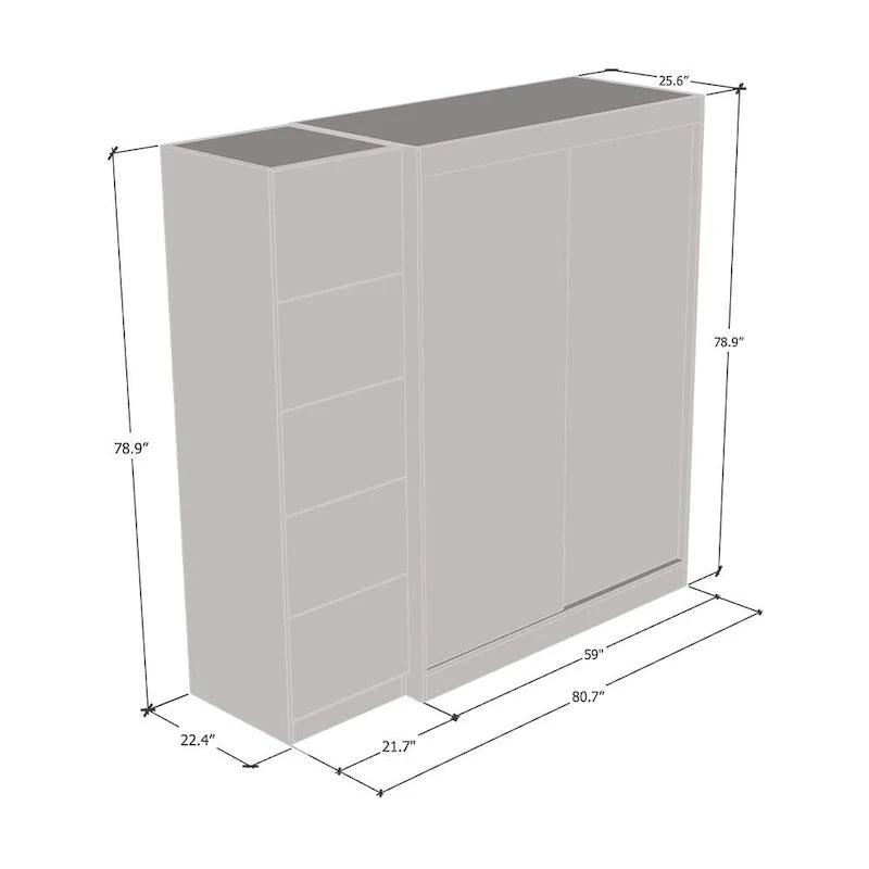 Armoire 2 portes avec miroir, façade vitrée, 2 personnes (Gris / Noir / Blanc)