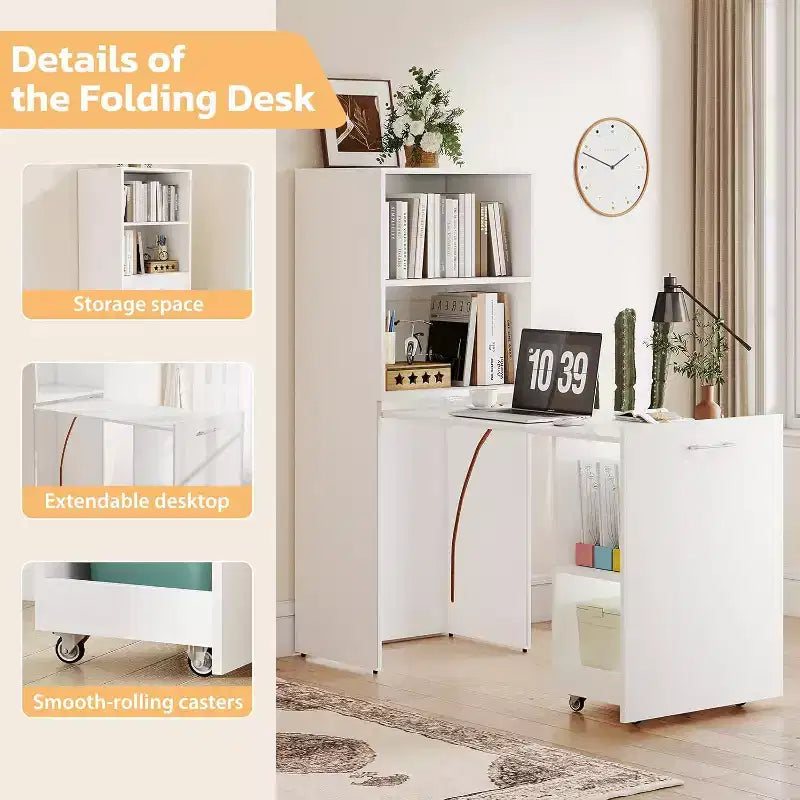 Bureau extensible MooxvMoo avec étagères de rangement et roulettes mobiles, table d'ordinateur pliable pour petits appartements et bureaux à domicile, blanc