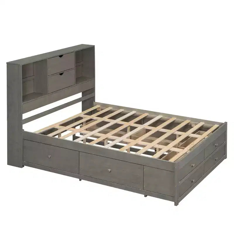 Lit plateforme de taille Queen avec étagère de rangement et 8 tiroirs, montage facile