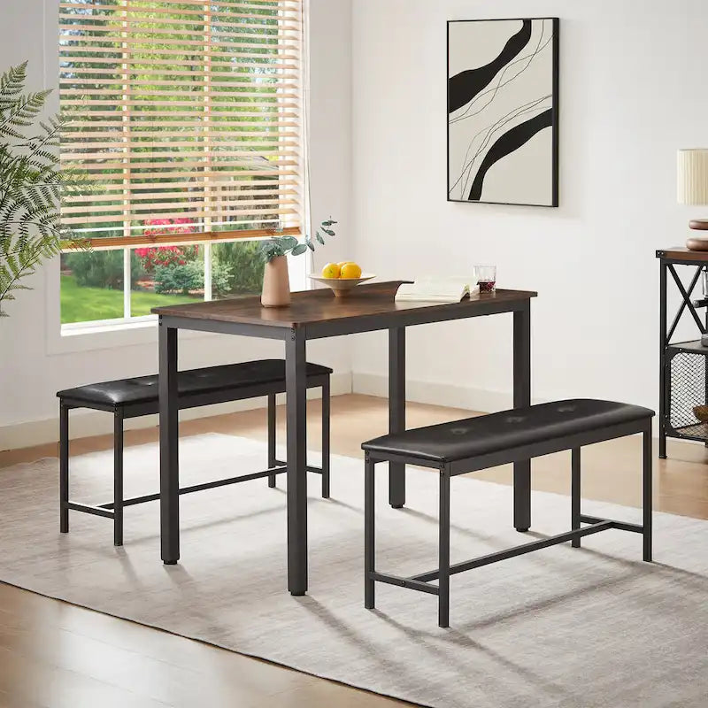 Ensemble de salle à manger 3 pièces, table rectangulaire avec 2 bancs, marron rustique et noir