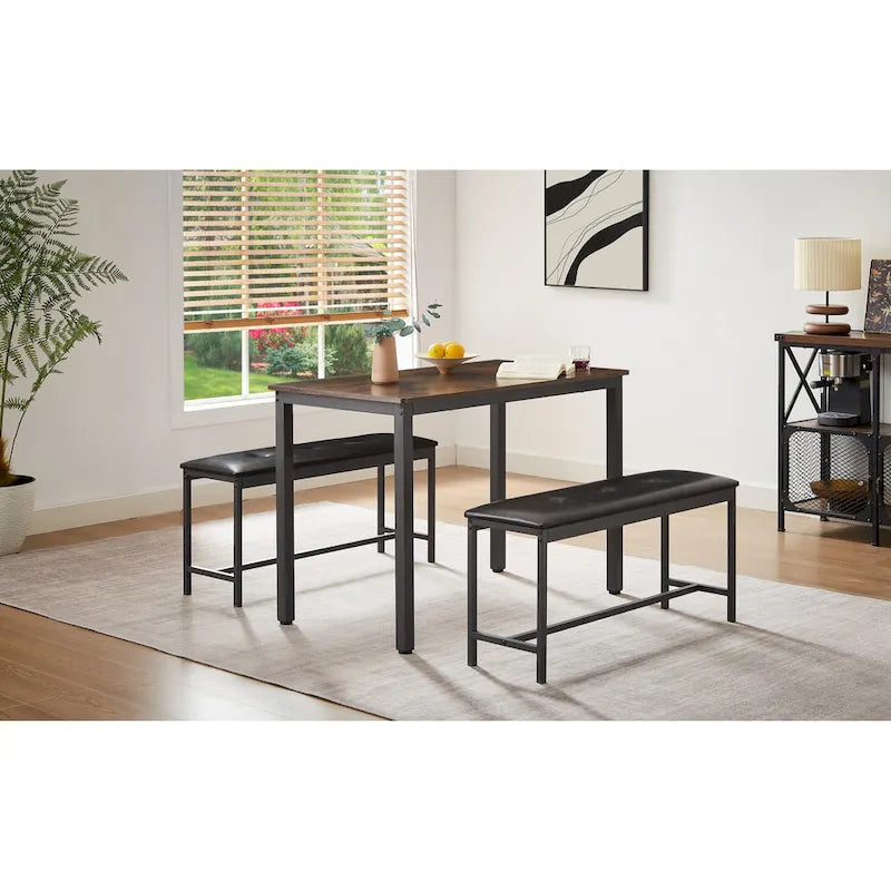 Ensemble de salle à manger 3 pièces, table rectangulaire avec 2 bancs, marron rustique et noir