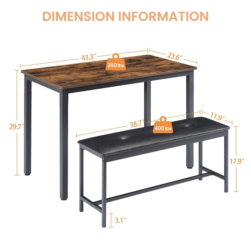Ensemble de salle à manger 3 pièces, table rectangulaire avec 2 bancs, marron rustique et noir