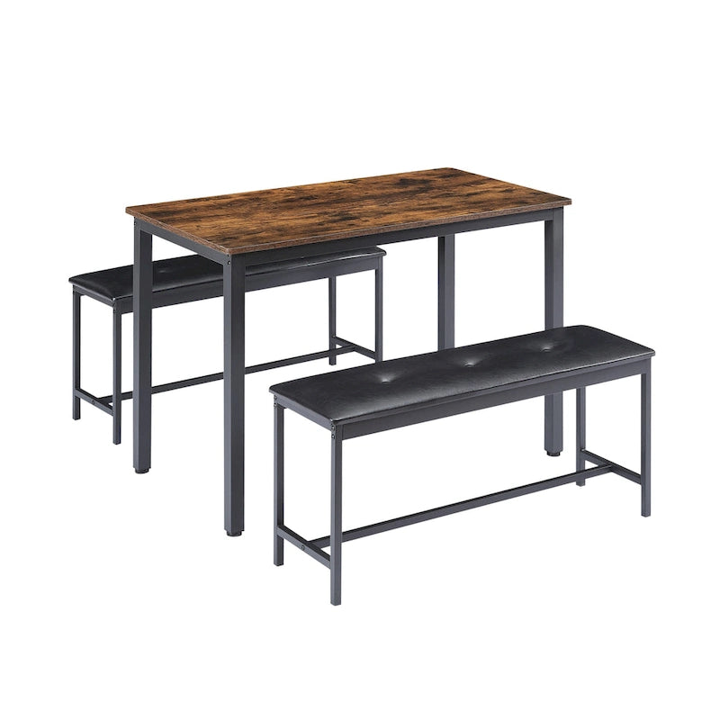 Ensemble de salle à manger 3 pièces, table rectangulaire avec 2 bancs, marron rustique et noir