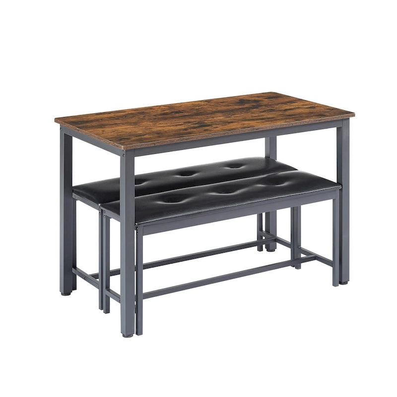 Ensemble de salle à manger 3 pièces, table rectangulaire avec 2 bancs, marron rustique et noir