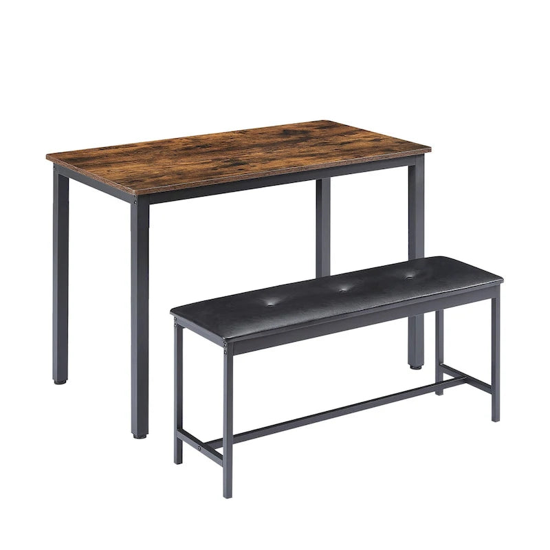 Ensemble de salle à manger 3 pièces, table rectangulaire avec 2 bancs, marron rustique et noir