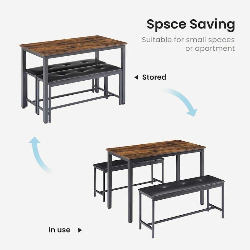 Ensemble de salle à manger 3 pièces, table rectangulaire avec 2 bancs, marron rustique et noir