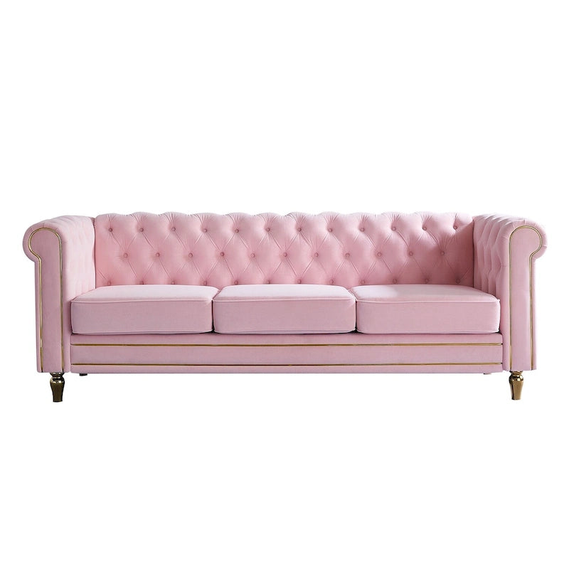 Canapé Chesterfield en velours avec bande décorative dorée
