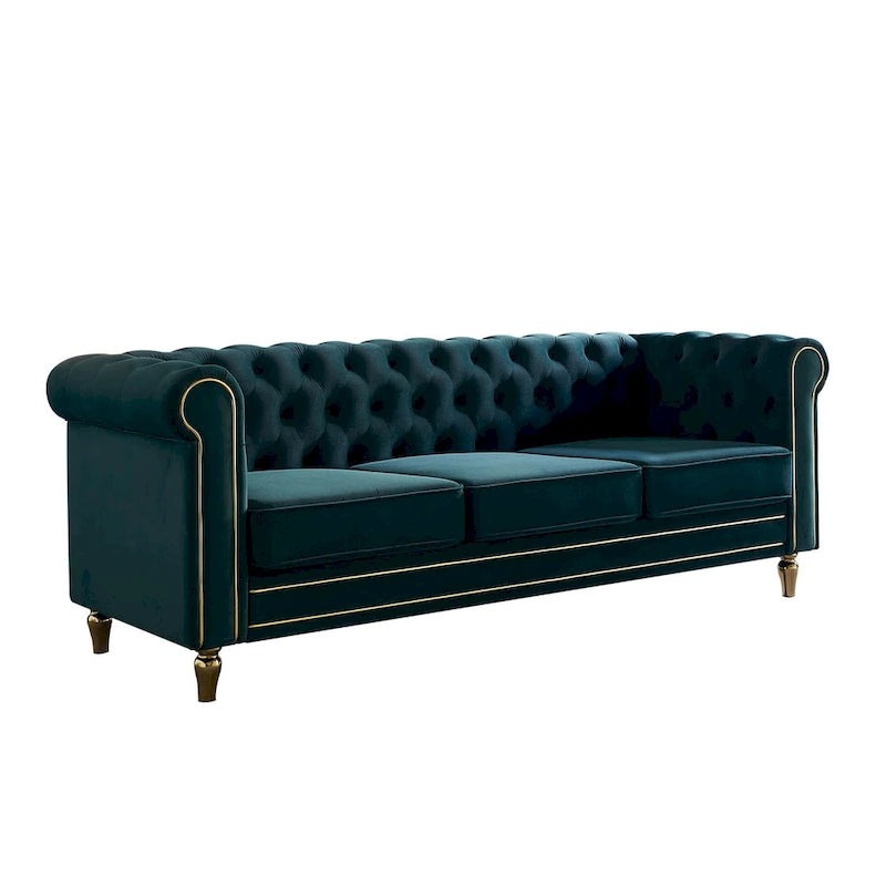 Canapé Chesterfield en velours avec bande décorative dorée