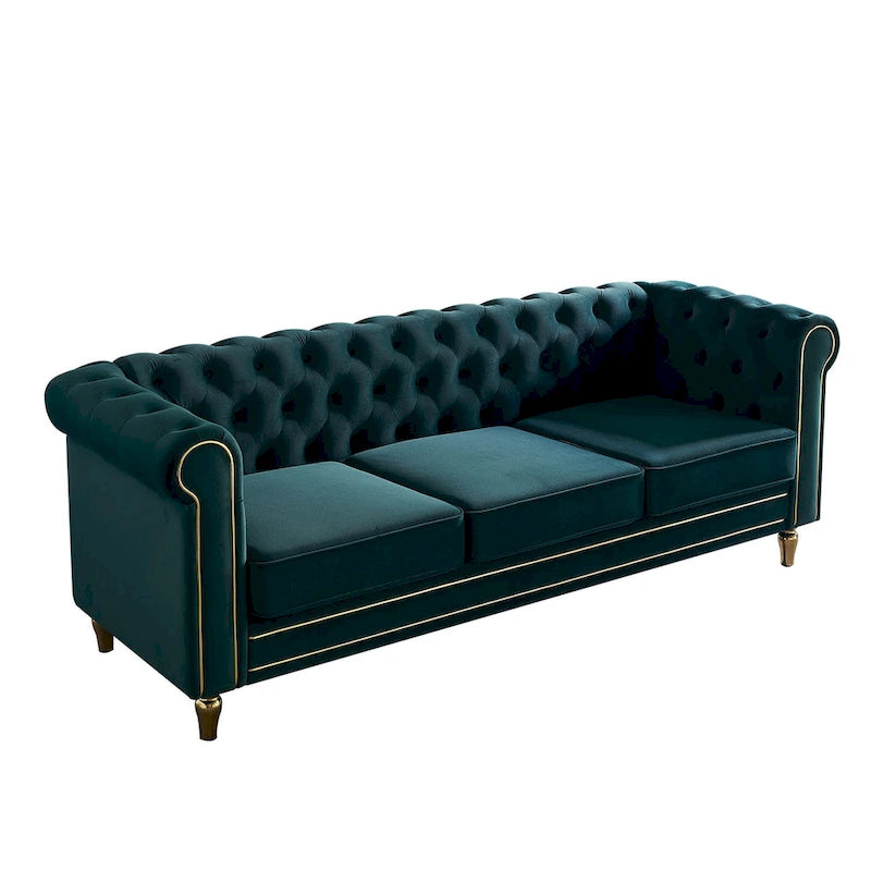 Canapé Chesterfield en velours avec bande décorative dorée