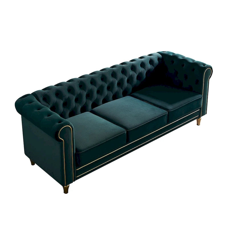 Canapé Chesterfield en velours avec bande décorative dorée