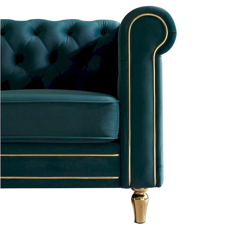 Canapé Chesterfield en velours avec bande décorative dorée