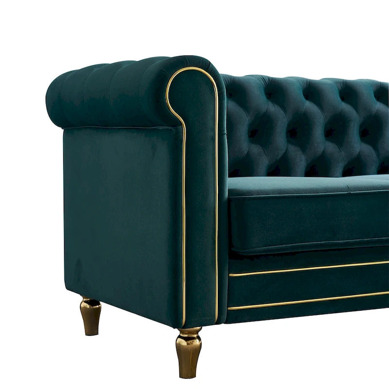 Canapé Chesterfield en velours avec bande décorative dorée
