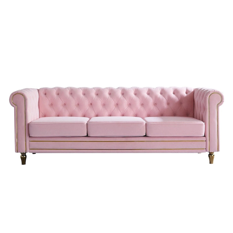 Canapé Chesterfield en velours avec bande décorative dorée