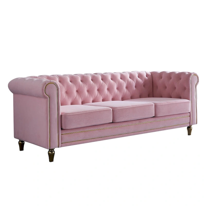 Canapé Chesterfield en velours avec bande décorative dorée