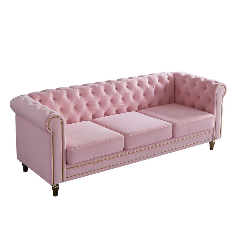 Canapé Chesterfield en velours avec bande décorative dorée