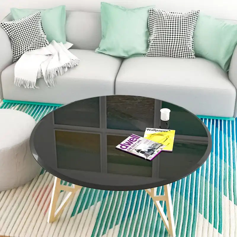 Dessus de table en verre trempé rond en verre noir, épais, à bord biseauté poli