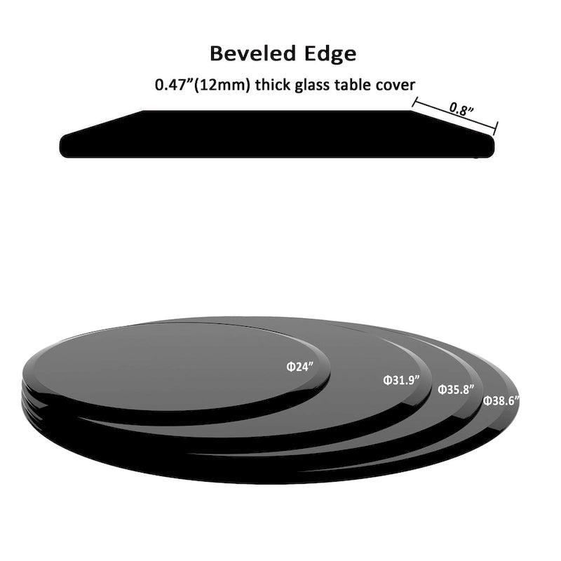 Dessus de table en verre trempé rond en verre noir, épais, à bord biseauté poli
