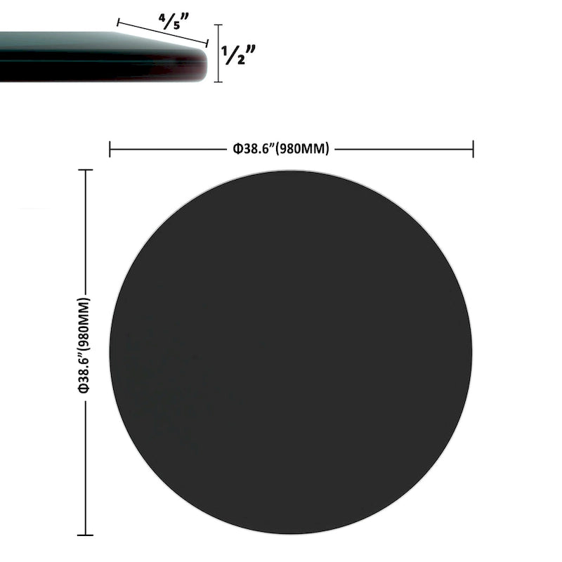 Dessus de table en verre trempé rond en verre noir, épais, à bord biseauté poli