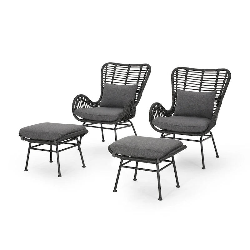 Ensemble de conversation en osier de style bohème moderne d'extérieur Chalet avec poufs par Christopher Knight Home