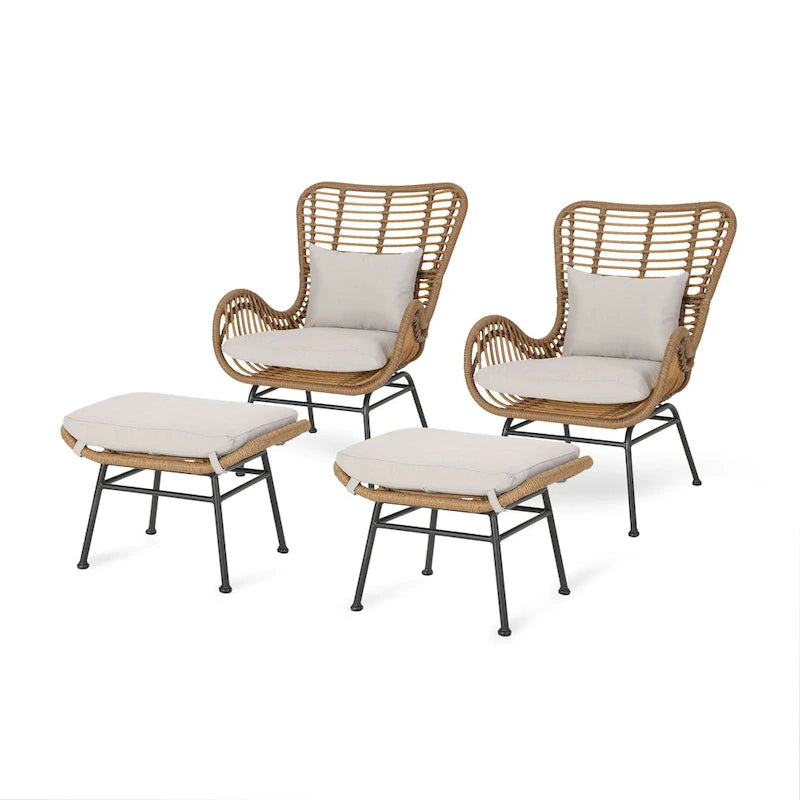 Ensemble de conversation en osier de style bohème moderne d'extérieur Chalet avec poufs par Christopher Knight Home