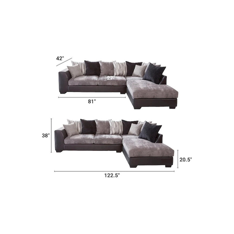 Canapé d'angle American Furniture Classics Casual Comfort anthracite et noir, avec 8 coussins de dossier et 2 coussins décoratifs