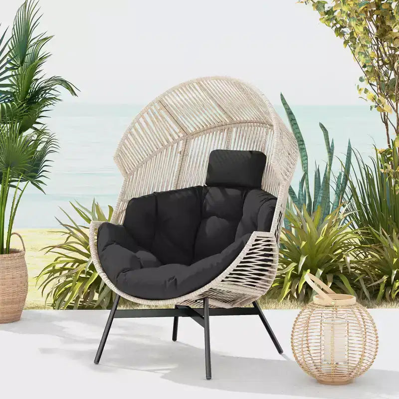 Fauteuil œuf surdimensionné Costway avec coussins et appui-tête, cadre en métal robuste pour jardin, blanc cassé/gris/noir