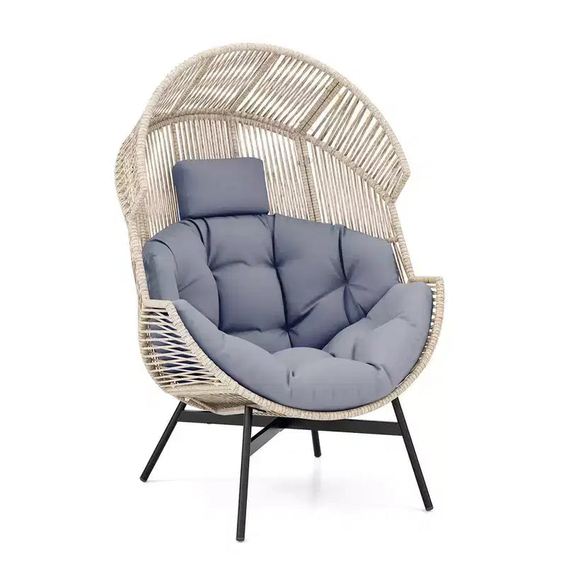 Fauteuil œuf surdimensionné Costway avec coussins et appui-tête, cadre en métal robuste pour jardin, blanc cassé/gris/noir