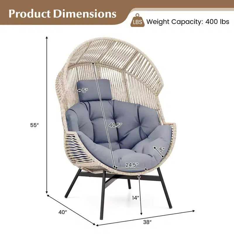 Fauteuil œuf surdimensionné Costway avec coussins et appui-tête, cadre en métal robuste pour jardin, blanc cassé/gris/noir