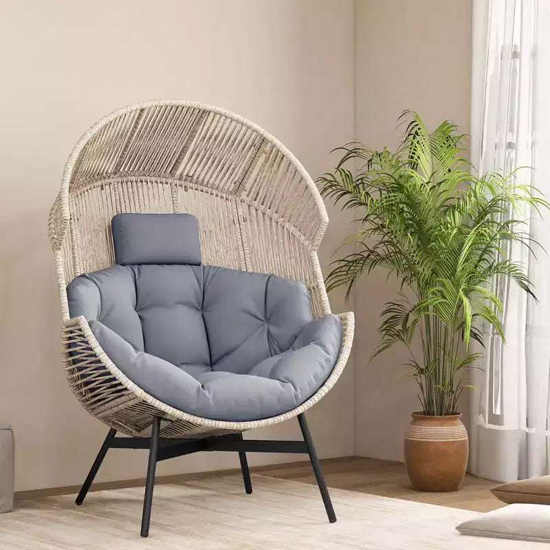 Fauteuil œuf surdimensionné Costway avec coussins et appui-tête, cadre en métal robuste pour jardin, blanc cassé/gris/noir