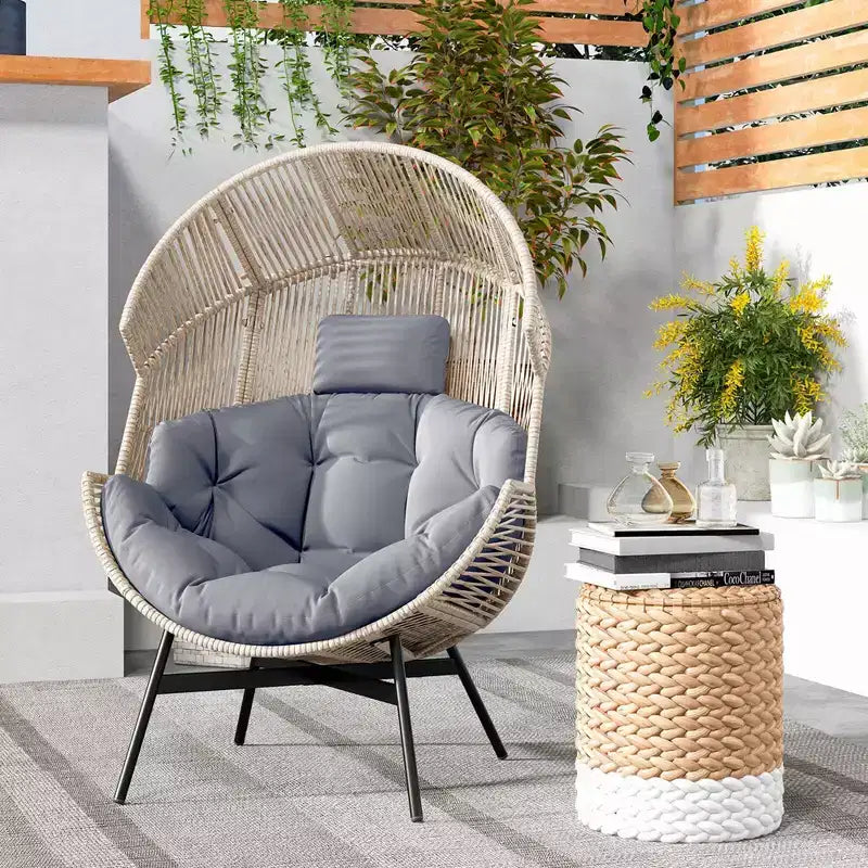 Fauteuil œuf surdimensionné Costway avec coussins et appui-tête, cadre en métal robuste pour jardin, blanc cassé/gris/noir