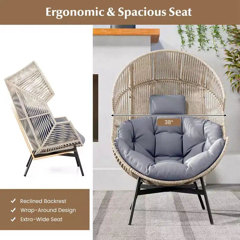 Fauteuil œuf surdimensionné Costway avec coussins et appui-tête, cadre en métal robuste pour jardin, blanc cassé/gris/noir