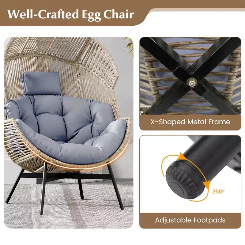 Fauteuil œuf surdimensionné Costway avec coussins et appui-tête, cadre en métal robuste pour jardin, blanc cassé/gris/noir