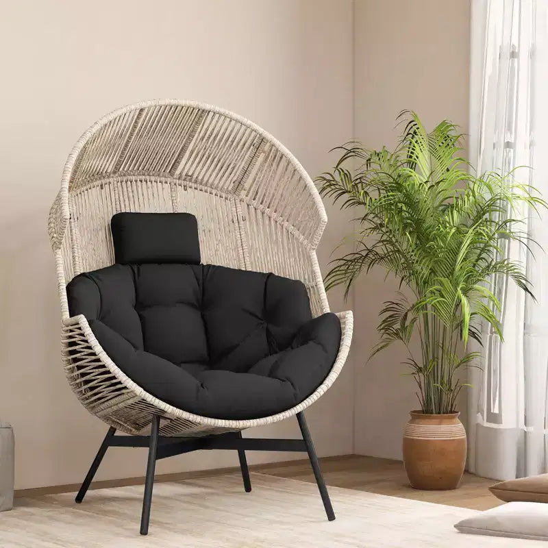 Fauteuil œuf surdimensionné Costway avec coussins et appui-tête, cadre en métal robuste pour jardin, blanc cassé/gris/noir