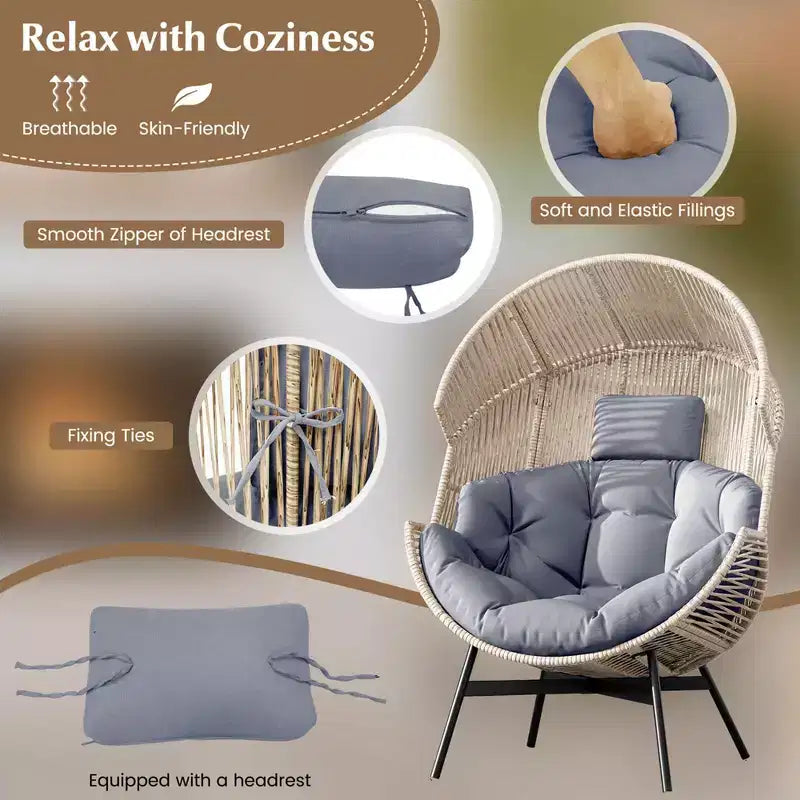 Fauteuil œuf surdimensionné Costway avec coussins et appui-tête, cadre en métal robuste pour jardin, blanc cassé/gris/noir