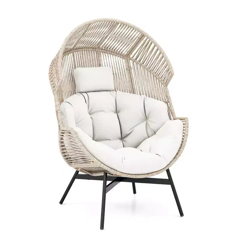 Fauteuil œuf surdimensionné Costway avec coussins et appui-tête, cadre en métal robuste pour jardin, blanc cassé/gris/noir