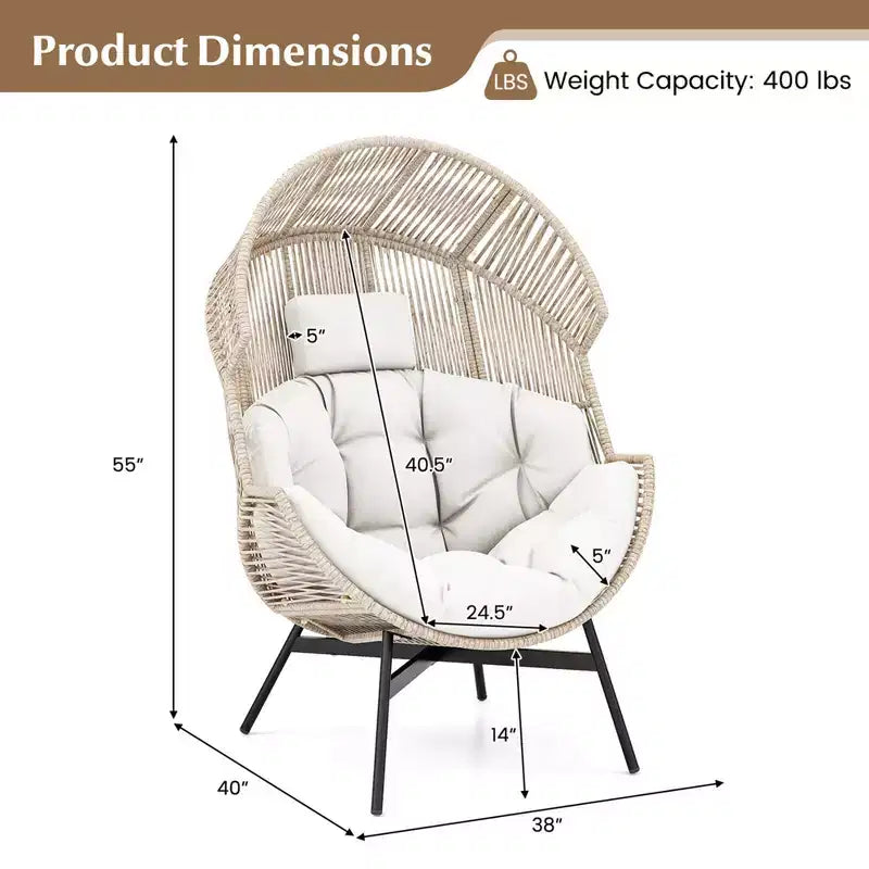 Fauteuil œuf surdimensionné Costway avec coussins et appui-tête, cadre en métal robuste pour jardin, blanc cassé/gris/noir