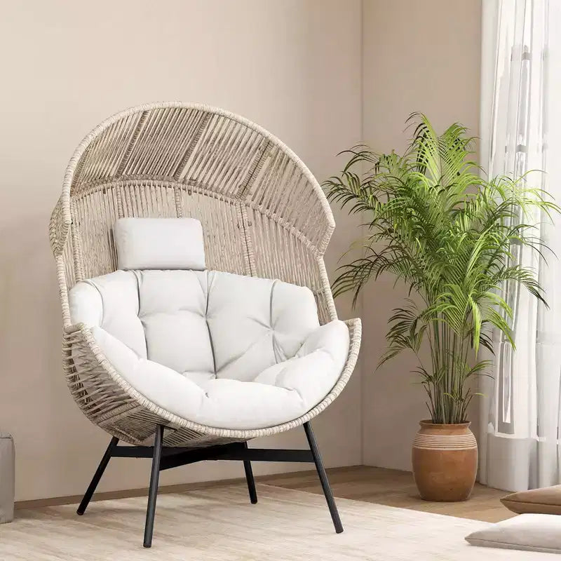 Fauteuil œuf surdimensionné Costway avec coussins et appui-tête, cadre en métal robuste pour jardin, blanc cassé/gris/noir